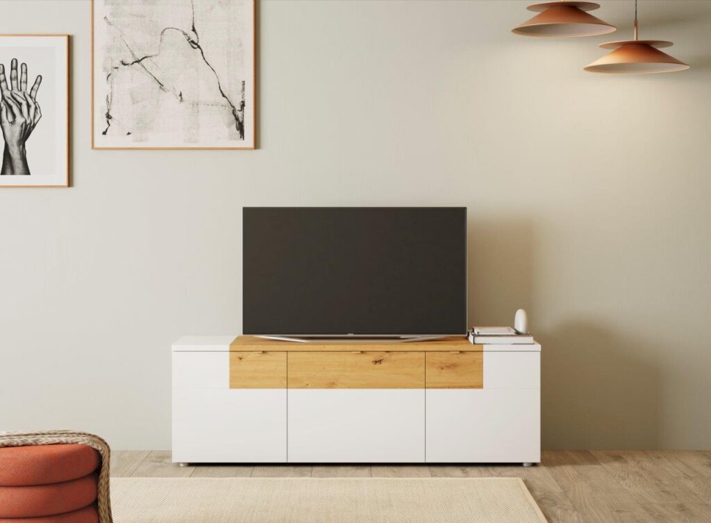 Mueble TV laca brillo con detalles color artisan