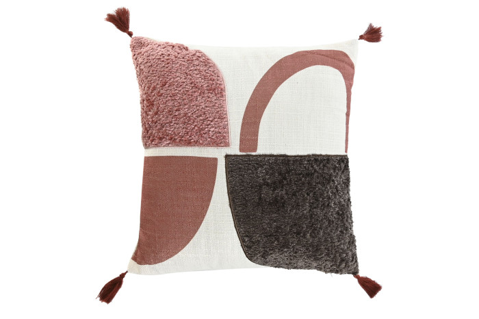 Cojí decoratiu amb textures geomètriques i borles - Rosa i Gris