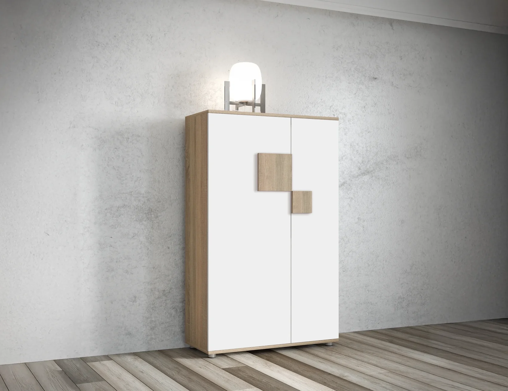 Zapatero moderno 2 puertas en blanco y roble con detalle decorativo