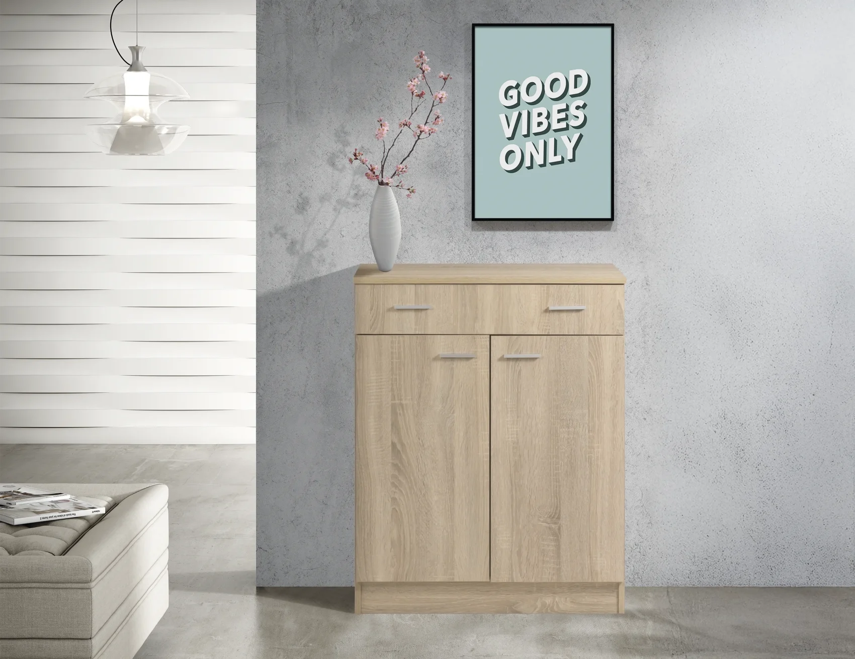 Zapatero de madera roble claro con 2 puertas y cajón superior