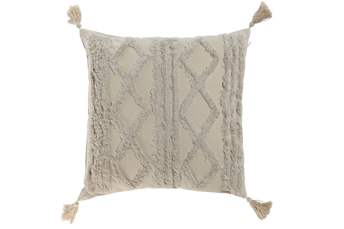 Cojín decorativo boho con borlas y relieve en color beige
