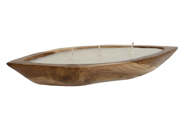 Vela decorativa grande en base de madera natural con 3 mechas