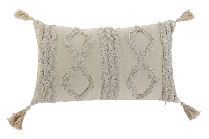 Cojín decorativo rectangular boho con borlas y relieve beige