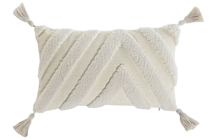 Cojín decorativo beige con relieve y borlas – Modelo NORDIK