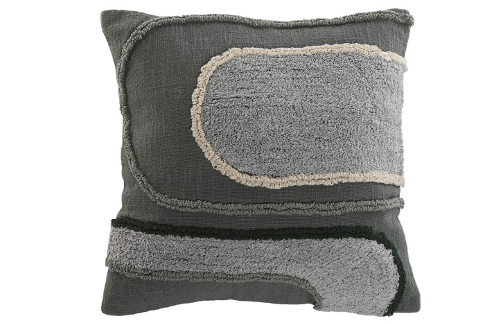 Cojín decorativo moderno gris con textura en relieve y base verde oscuro
