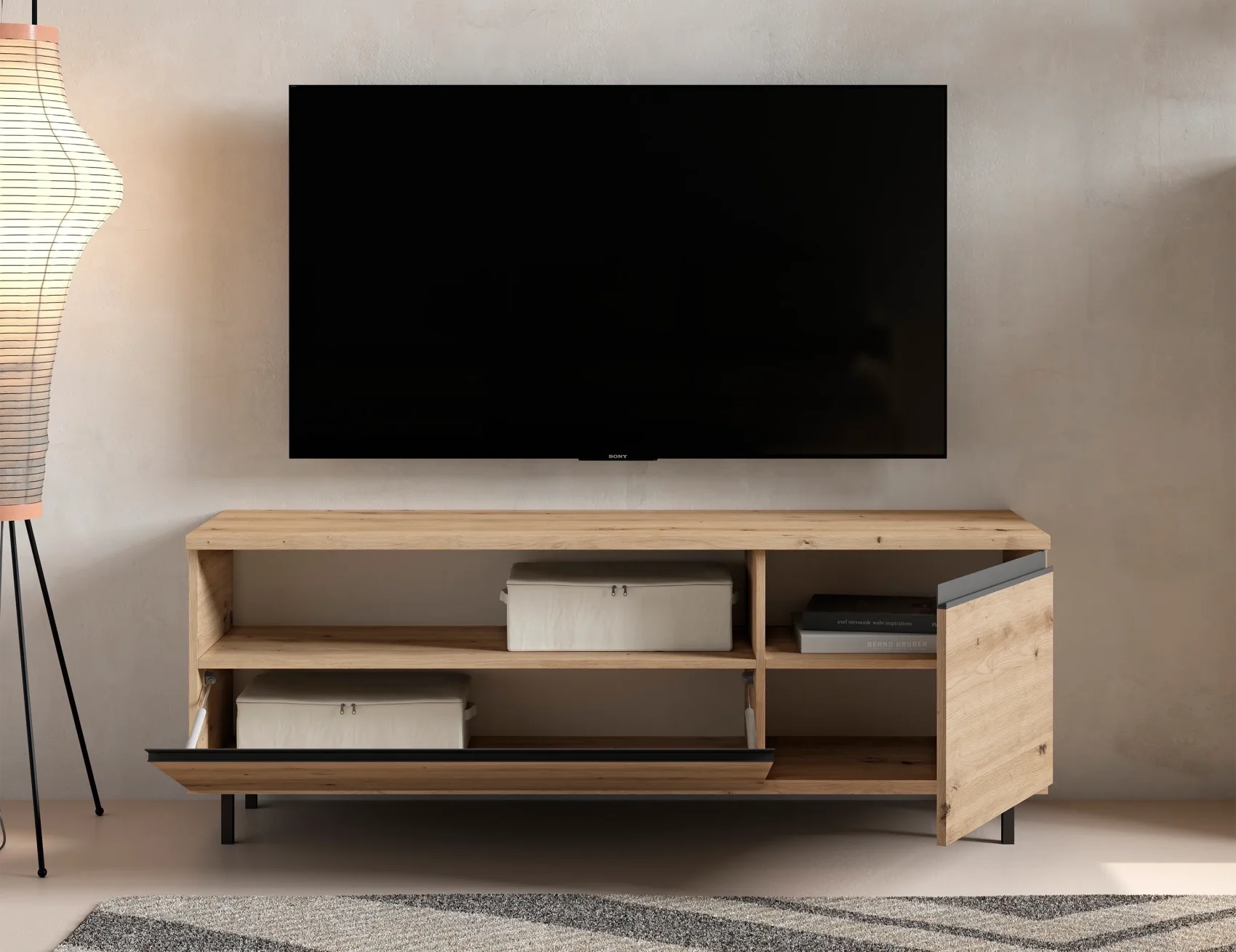 Moble TV de Fusta Natural amb Portes Abatibles – Estil Modern Industrial