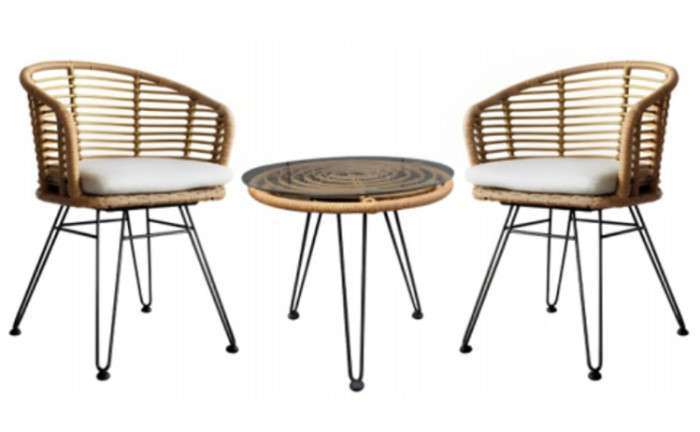 Set de jardí bistró 3 peces en ratan natural amb taula rodona i coixins
