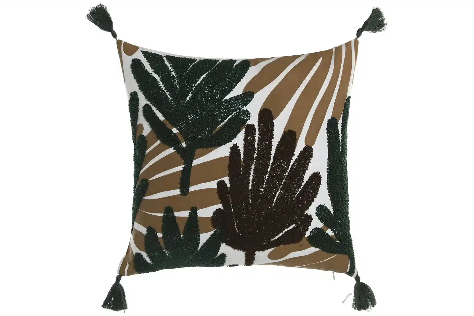 Coixí Fulles Tropicals amb Borles – Marró i Verd, 45 × 45 cm