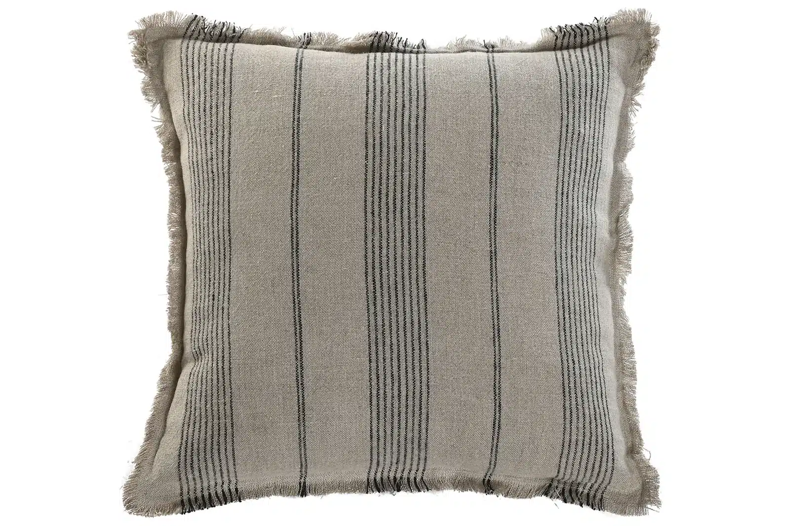 Coixí de Lli a Ratlles amb Serrells – Beix i Gris, 50 × 50 cm
