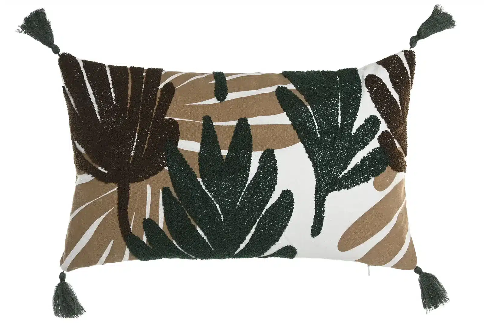 Coixí Rectangular Fulles Tropicals amb Borles – Marró i Verd, 30 × 50 cm